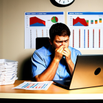 **

**Prompt:** A stressed management consultant, male, sitting at a desk piled high with paperwork and a laptop displaying complex charts. He's eating takeout dinner from a plastic container. The office is dimly lit, and the clock on the wall shows 11 PM. The image should convey exhaustion and the blurring of work and personal life. Use a realistic, slightly desaturated color palette.

**