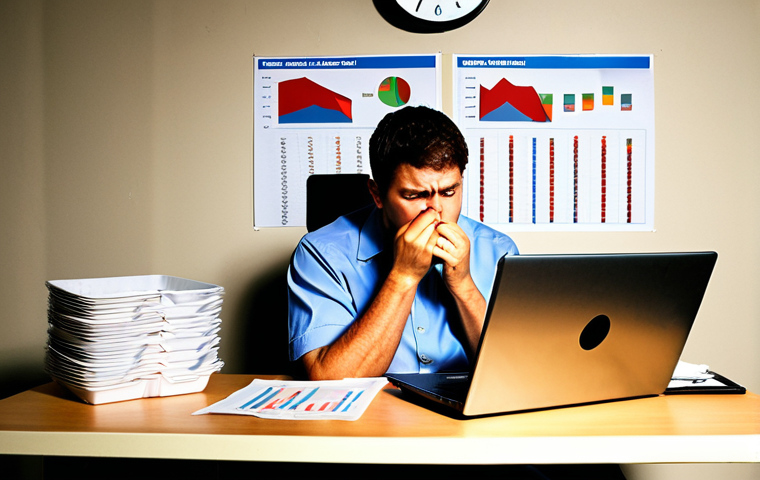 **
**Prompt:** A stressed management consultant, male, sitting at a desk piled high with paperwork and a laptop displaying complex charts. He's eating takeout dinner from a plastic container. The office is dimly lit, and the clock on the wall shows 11 PM. The image should convey exhaustion and the blurring of work and personal life. Use a realistic, slightly desaturated color palette.
**