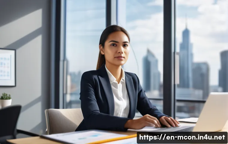 연봉협상 전략과 실전 팁 - A professional office scene showing a confident young businesswoman in smart casual attire, sitting ...