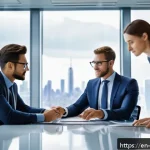 경영컨설팅 입문자를 위한 가이드 - A modern corporate office meeting room scene with diverse business consultants in professional attir...