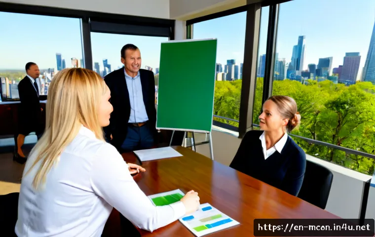 Home 17 경영컨설팅과 지속 가능성 전략 - Photorealistic business sustainability consulting meeting in a bright modern American office, divers...